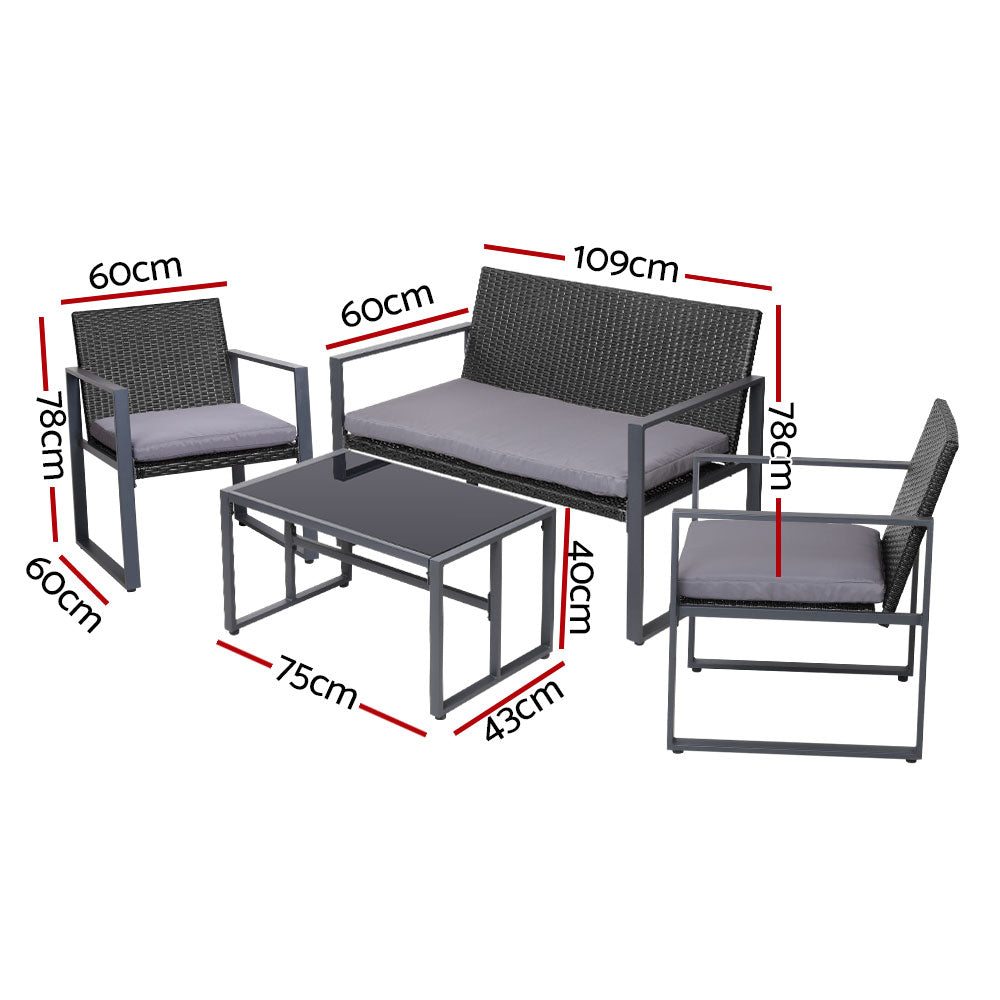 Gardeon 4 PCS Outdoor Sofa Set Rattan Furniture with Storage Cover Chairs Black