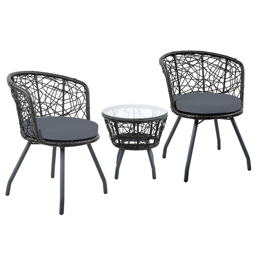 Gardeon 3PC Bistro Set Outdoor Furniture Rattan Table Chairs Patio Garden Cushion Black