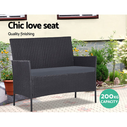 Gardeon 4 Seater Outdoor Sofa Set Wicker Setting Table Chair Furniture Black