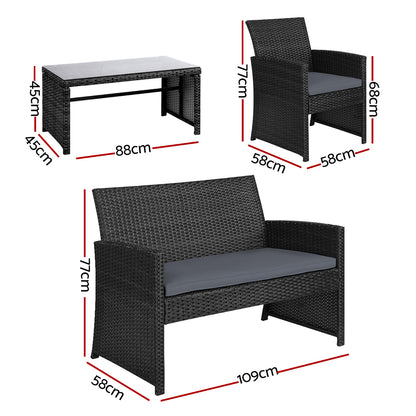 Gardeon 4 PCS Outdoor Sofa Set Rattan Chair Table Setting Garden Furniture Black