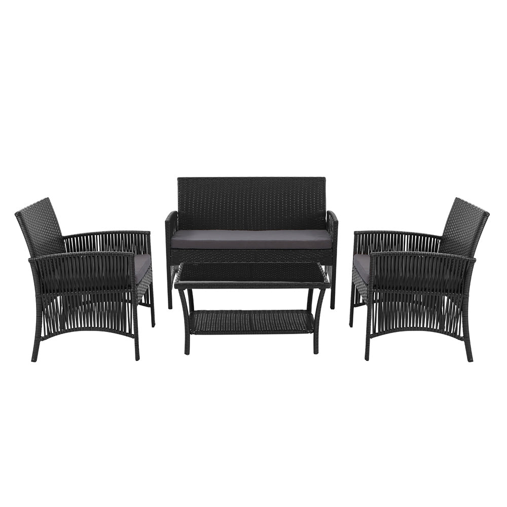 Gardeon 4PCS OutdoorSofa Set with Storage Cover Wicker Harp Chair Table Black
