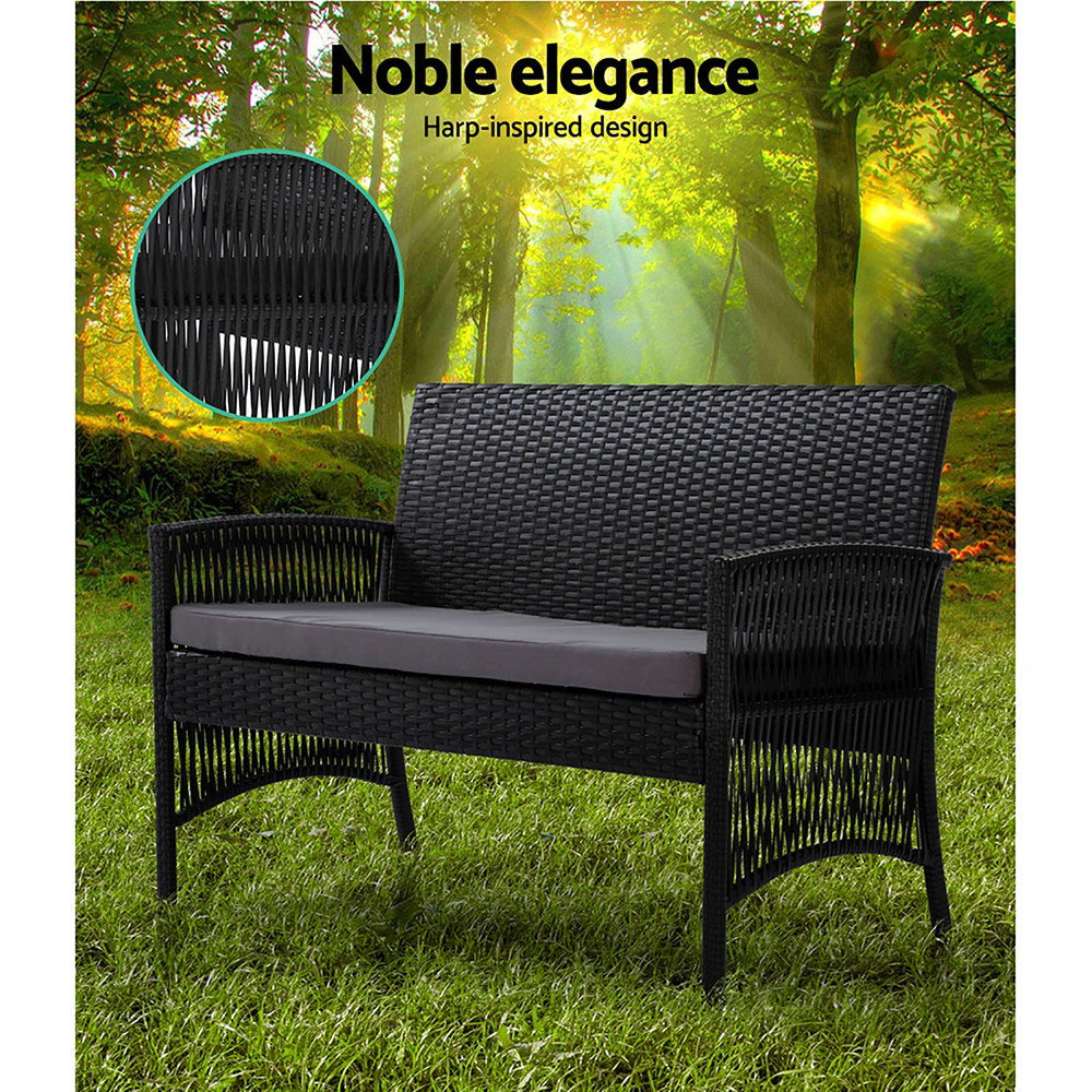Gardeon 4PCS OutdoorSofa Set with Storage Cover Wicker Harp Chair Table Black
