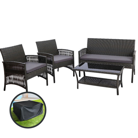Gardeon 4PCS Outdoor Sofa Set with Storage Cover Wicker Harp Chair Table Grey