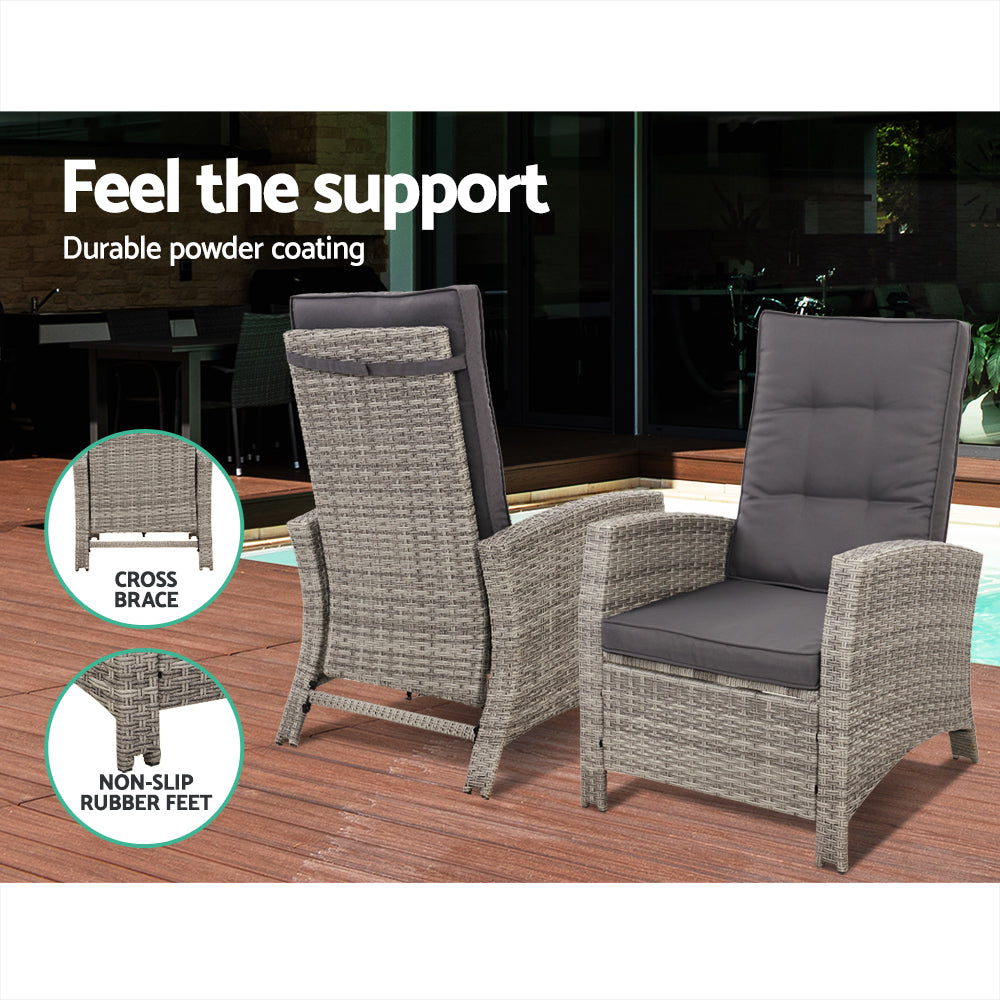 Gardeon 3PC Recliner Chairs Table Sun lounge Wicker Outdoor Furniture Adjustable Grey