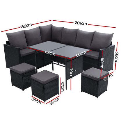 Gardeon Outdoor Furniture Dining Setting Sofa Set Lounge Wicker 9 Seater Black