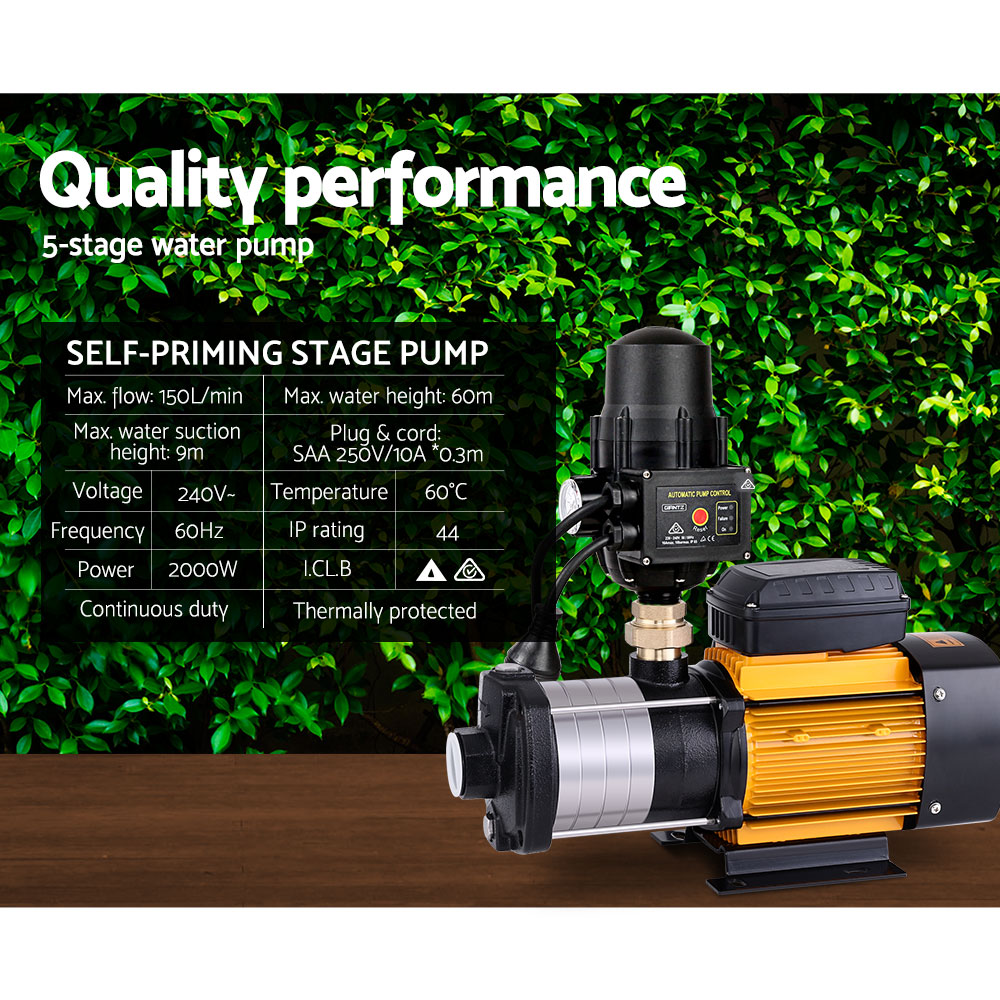 Giantz Garden Water Pump High Pressure 2000W 5-Stage Tank Irrigation Black