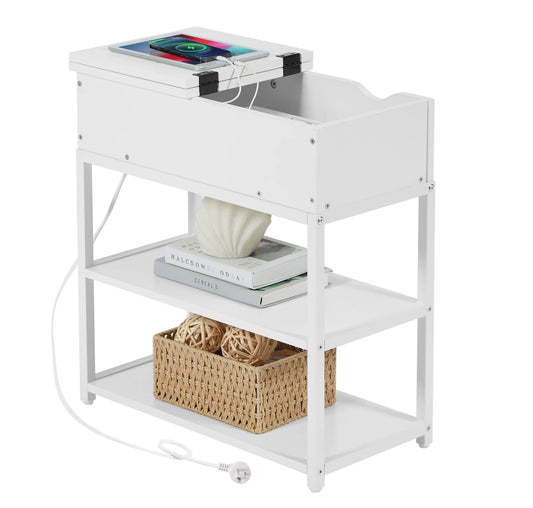 Multi-Tier Bedside Table with Powerboard, White