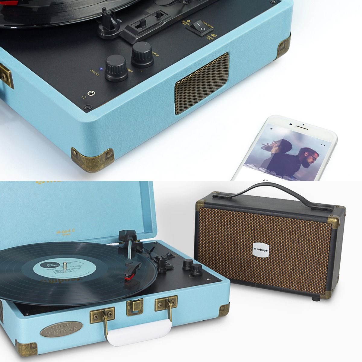 mbeat Woodstock II Sky Blue Retro Bluetooth (TX/RX) Turntable