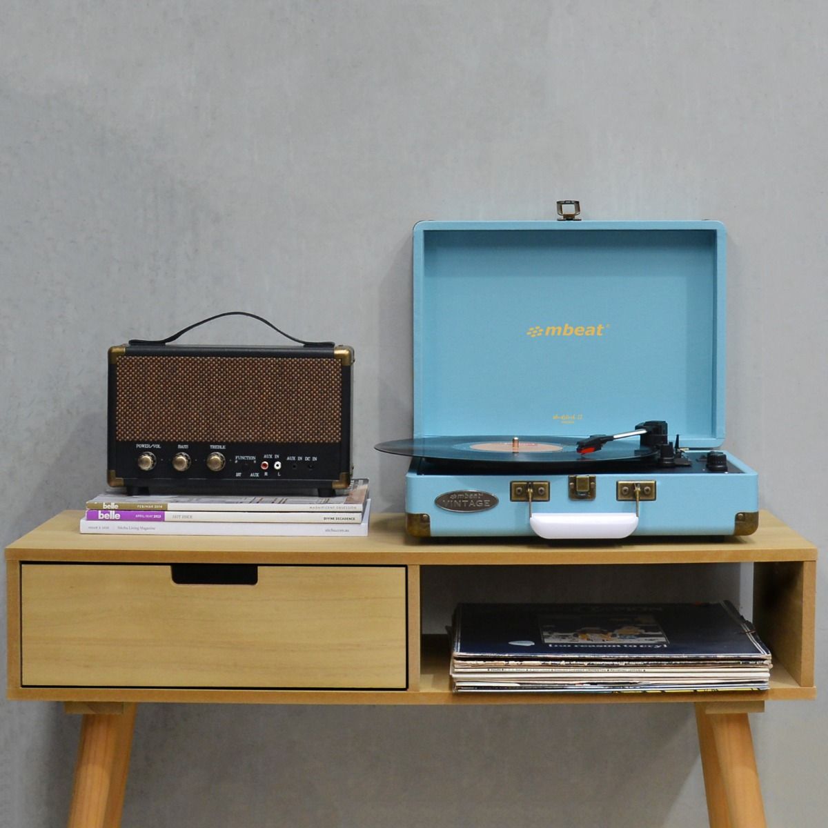 mbeat Woodstock II Sky Blue Retro Bluetooth (TX/RX) Turntable