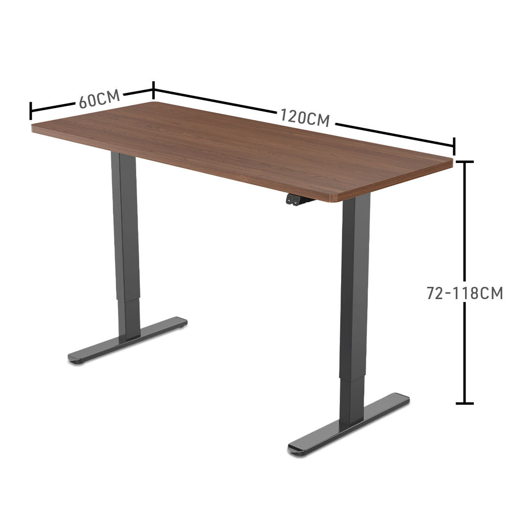 Fortia Sit To Stand Up Standing Desk, 120x60cm, 72-118cm Electric Height Adjustable, 70kg Load, Walnut Style/Black Frame