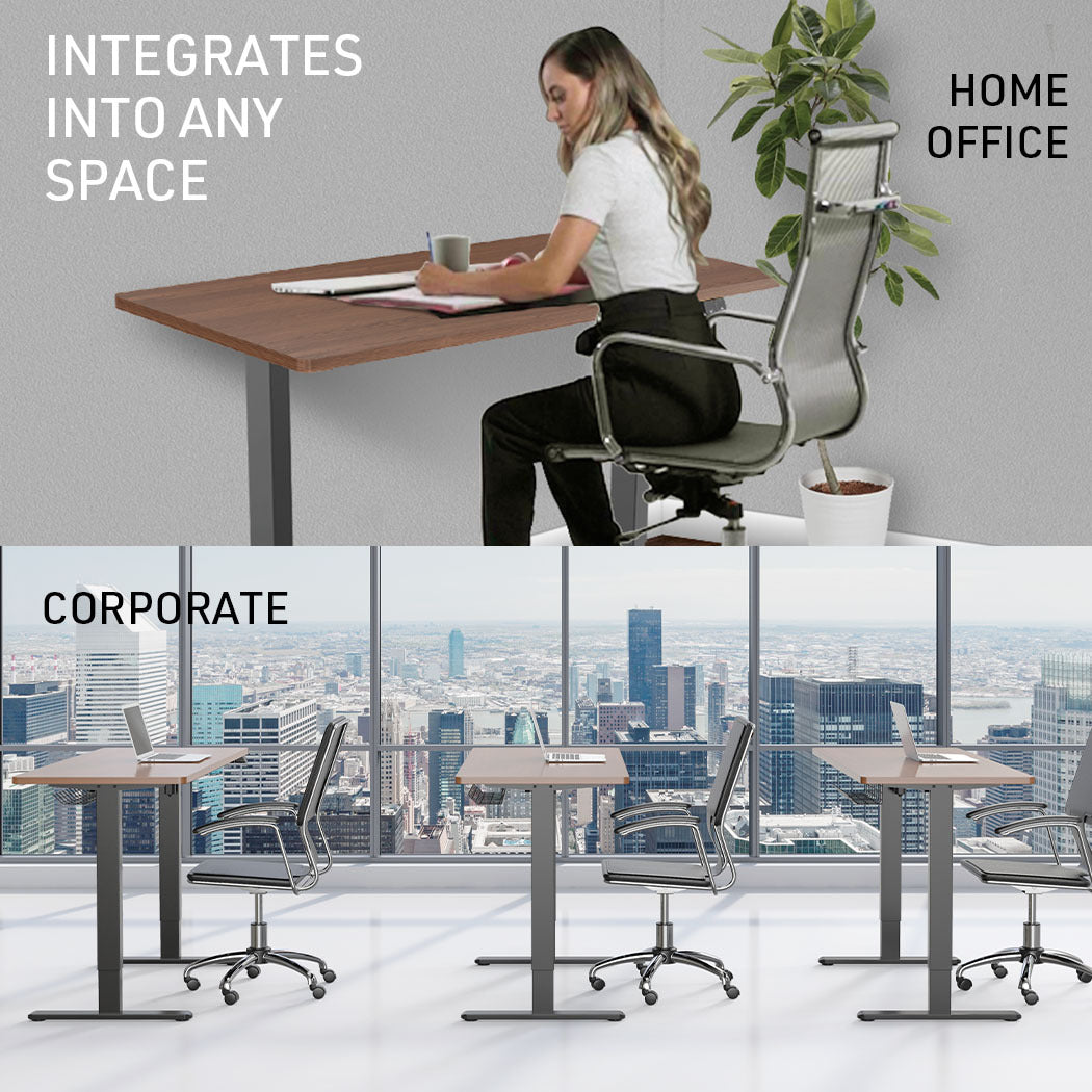 Fortia Sit To Stand Up Standing Desk, 140x60cm, 72-118cm Electric Height Adjustable, 70kg Load, Walnut Style/Black Frame