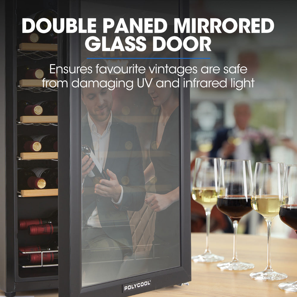 POLYCOOL 95L 34 Bottle Wine Bar Fridge Underbench Cooler Compressor Glass Door, Black