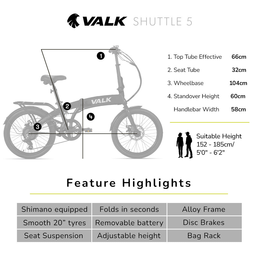 VALK Shuttle 5 Electric Folding Bike, Gen II, 20" Tyres, Shimano 7-Speed, Dark Grey