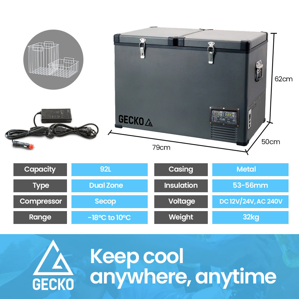 GECKO 92L Dual Zone Portable Fridge / Freezer, SECOP Compressor, for Camping, Car, Caravan
