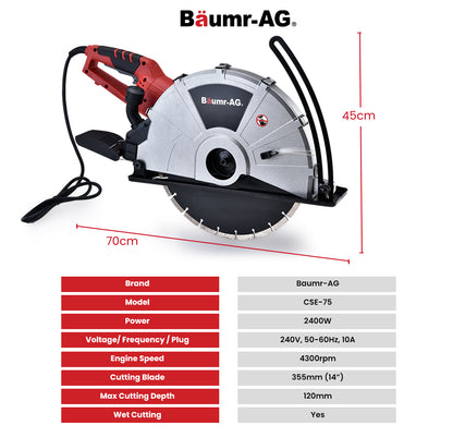 BAUMR-AG 2400W 电动混凝土锯 355 毫米拆除切割机干湿演示工具圆形切割