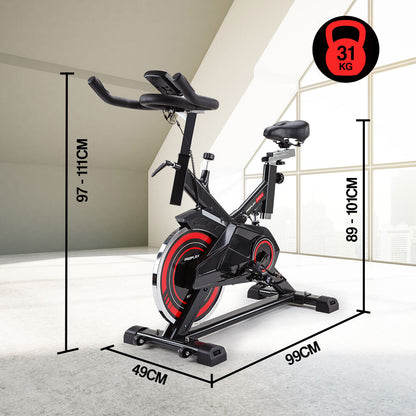 Bicicleta de spinning comercial PROFLEX con volante de inercia para ejercicios en casa y gimnasio - Color rojo