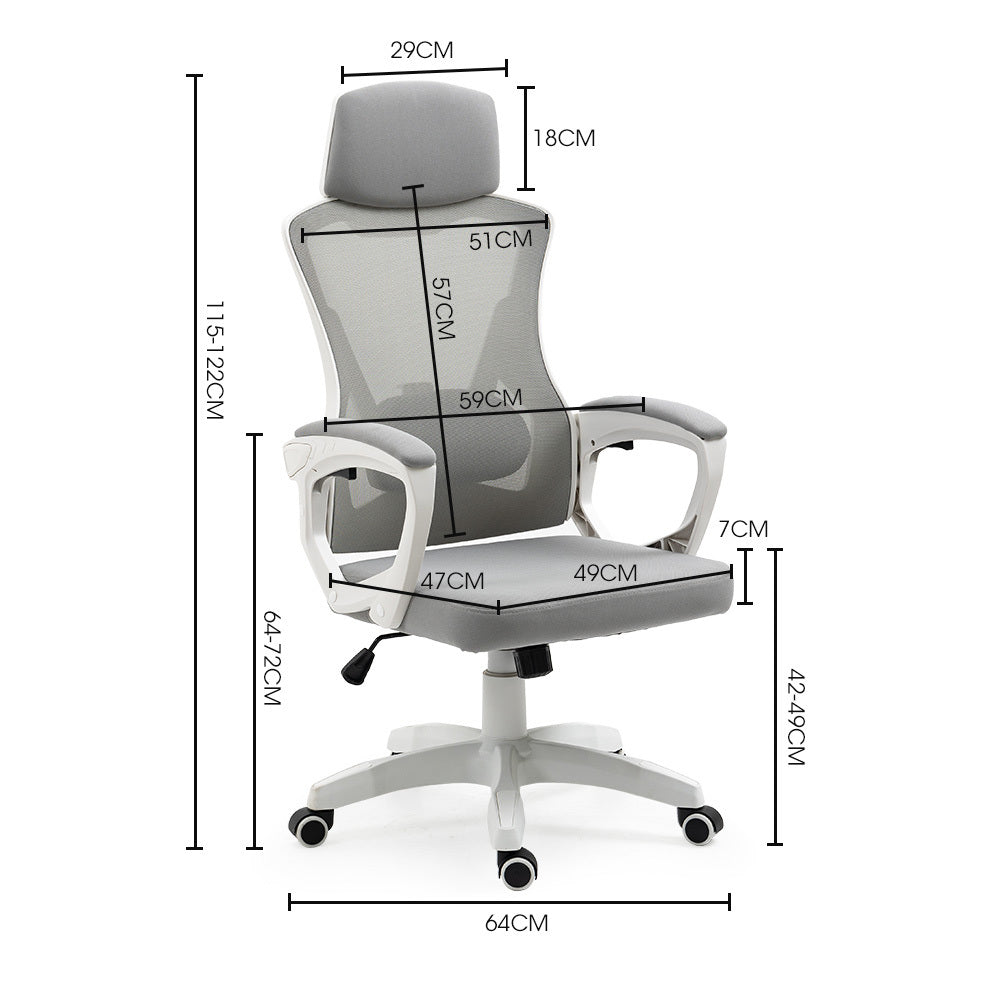 Silla de oficina ergonómica FORTIA con reposacabezas reclinable ajustable, color blanco y gris