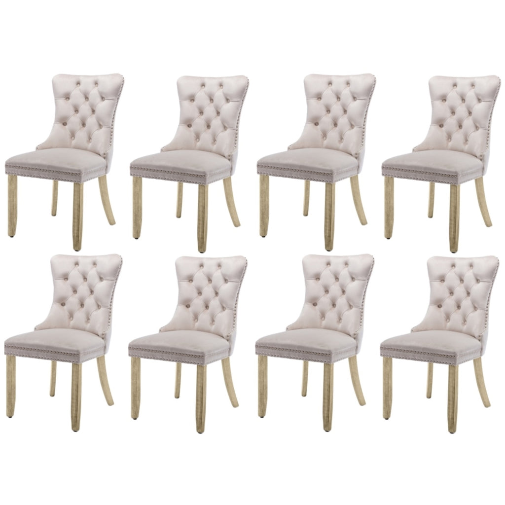 8x Velvet Dining Chairs Upholstered Tufted Kithcen Chair with Solid Wood Legs Stud Trim and Ring-Beige