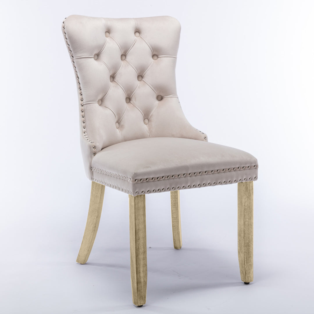 8x Velvet Dining Chairs Upholstered Tufted Kithcen Chair with Solid Wood Legs Stud Trim and Ring-Beige