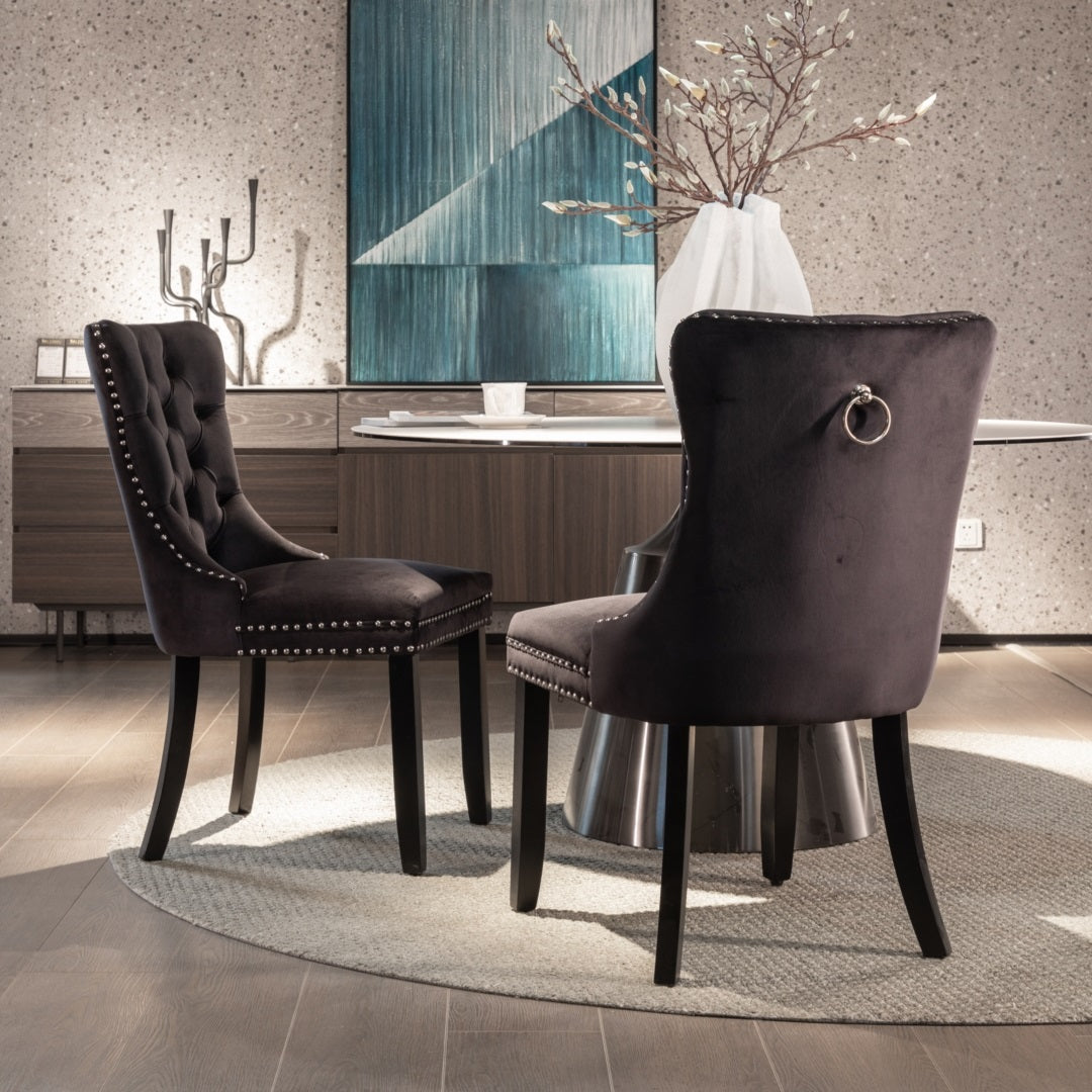 6x Velvet Dining Chairs Upholstered Tufted Kithcen Chair with Solid Wood Legs Stud Trim and Ring-Black