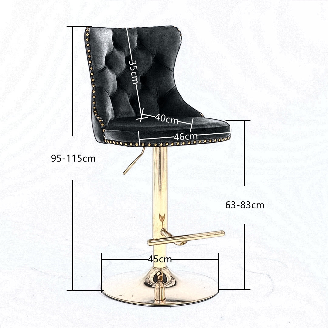 4x Height Adjustable Swivel Bar Stool Velvet Studs Barstool with Footrest and Golden Base- Black