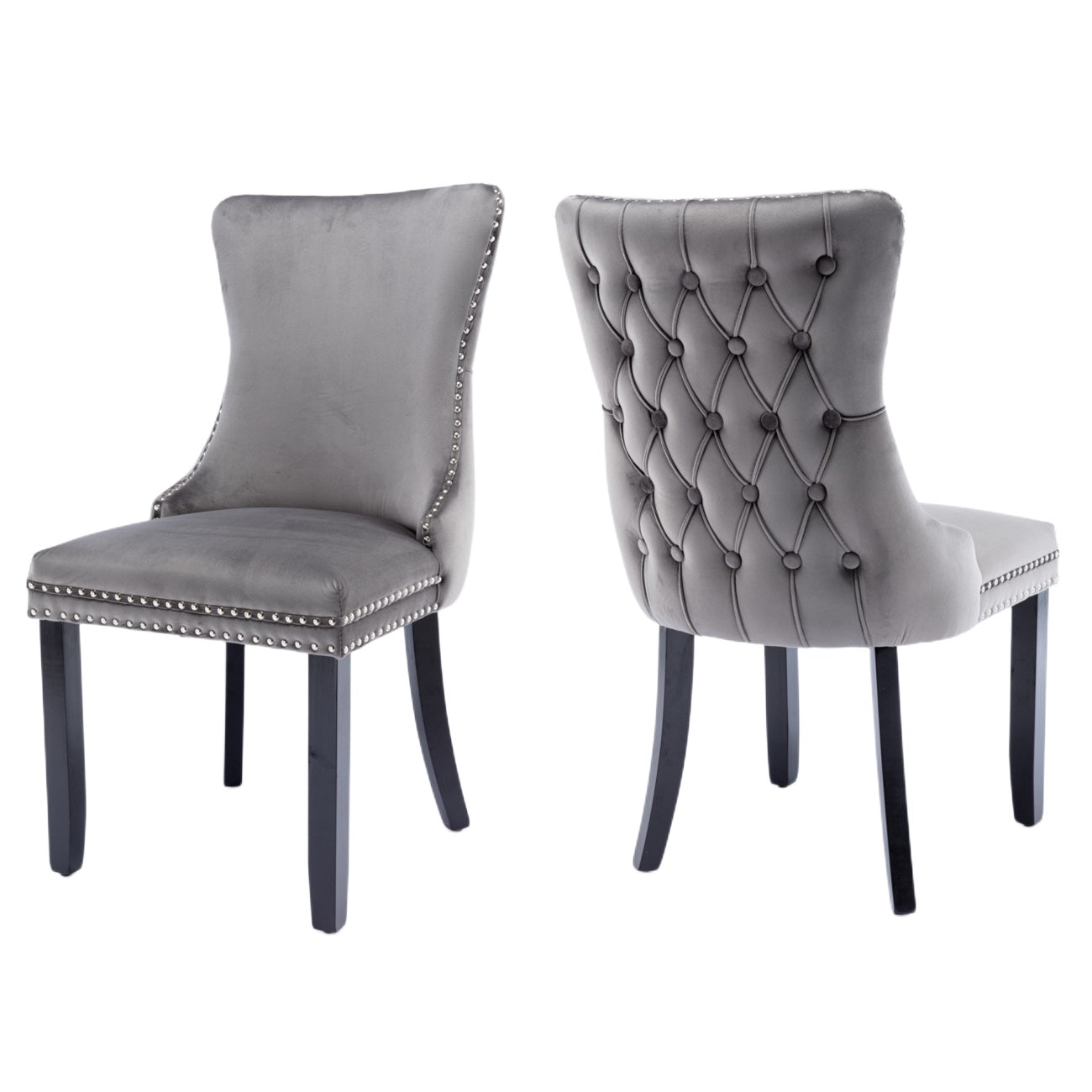 6x Velvet Upholstered Dining Chairs Tufted Wingback Side Chair with Studs Trim Solid Wood Legs for Kitchen