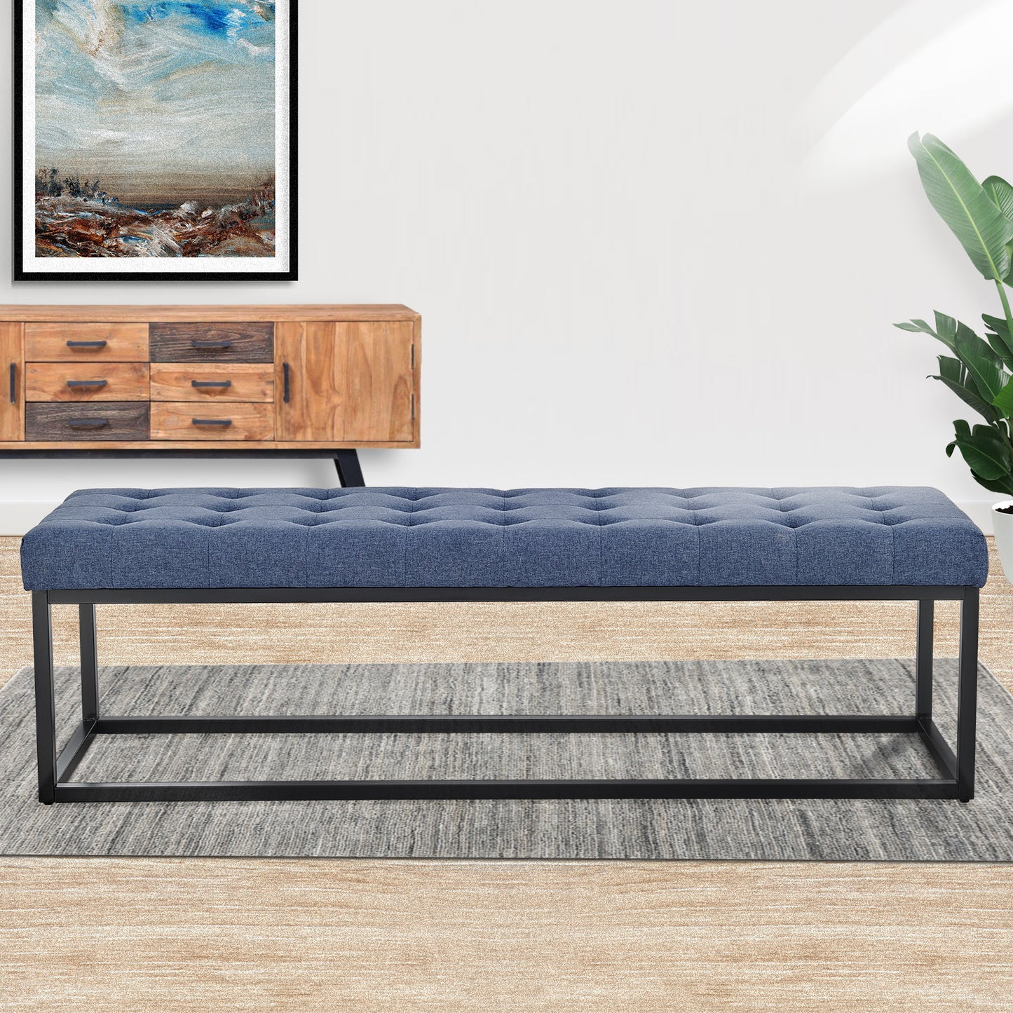 Sarantino Cameron Button-tufted Upholstered Bench With Metal Legs - Blue Linen