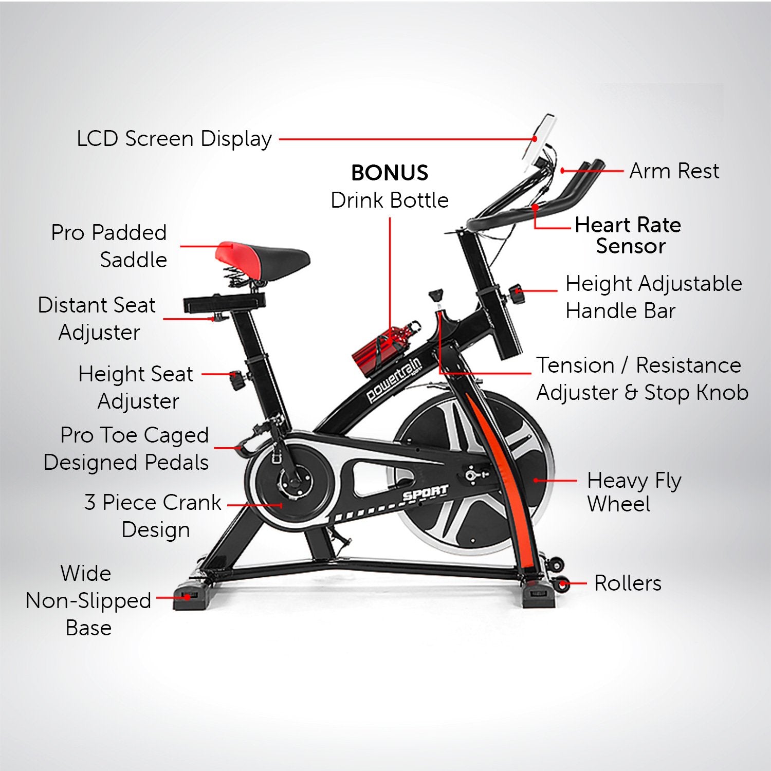 Powertrain Home Gym Flywheel Exercise Spin Bike Black