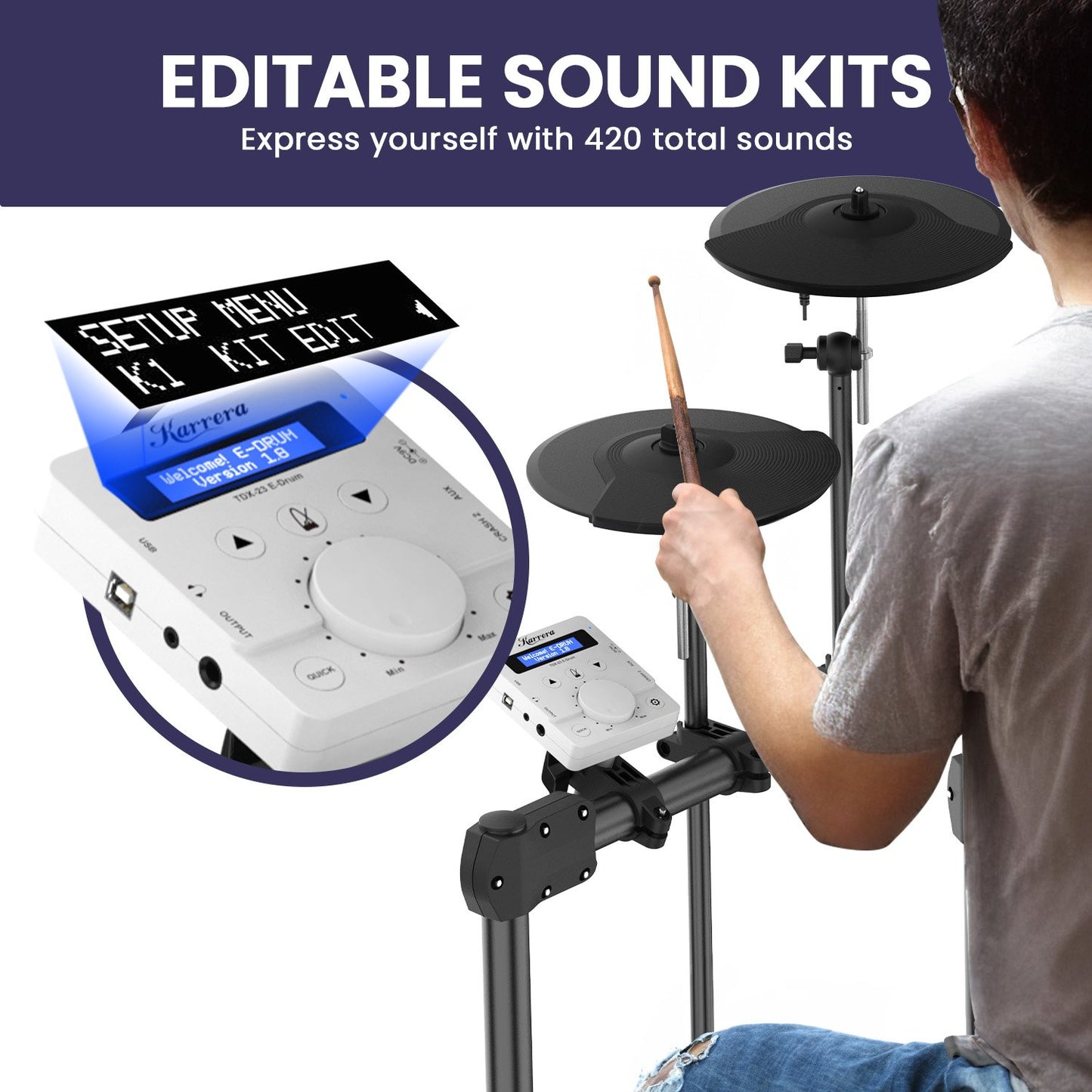 Karrera X23 Electronic Drum Kit With Quiet Mesh Drum Heads, Editable Sound Kits, Kick Pedal And Silicone Kick Drum, Usb Midi And 420 Sound