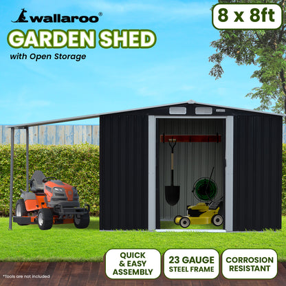 Wallaroo 8x8ft Zinc Steel Garden Shed with Open Storage - Black