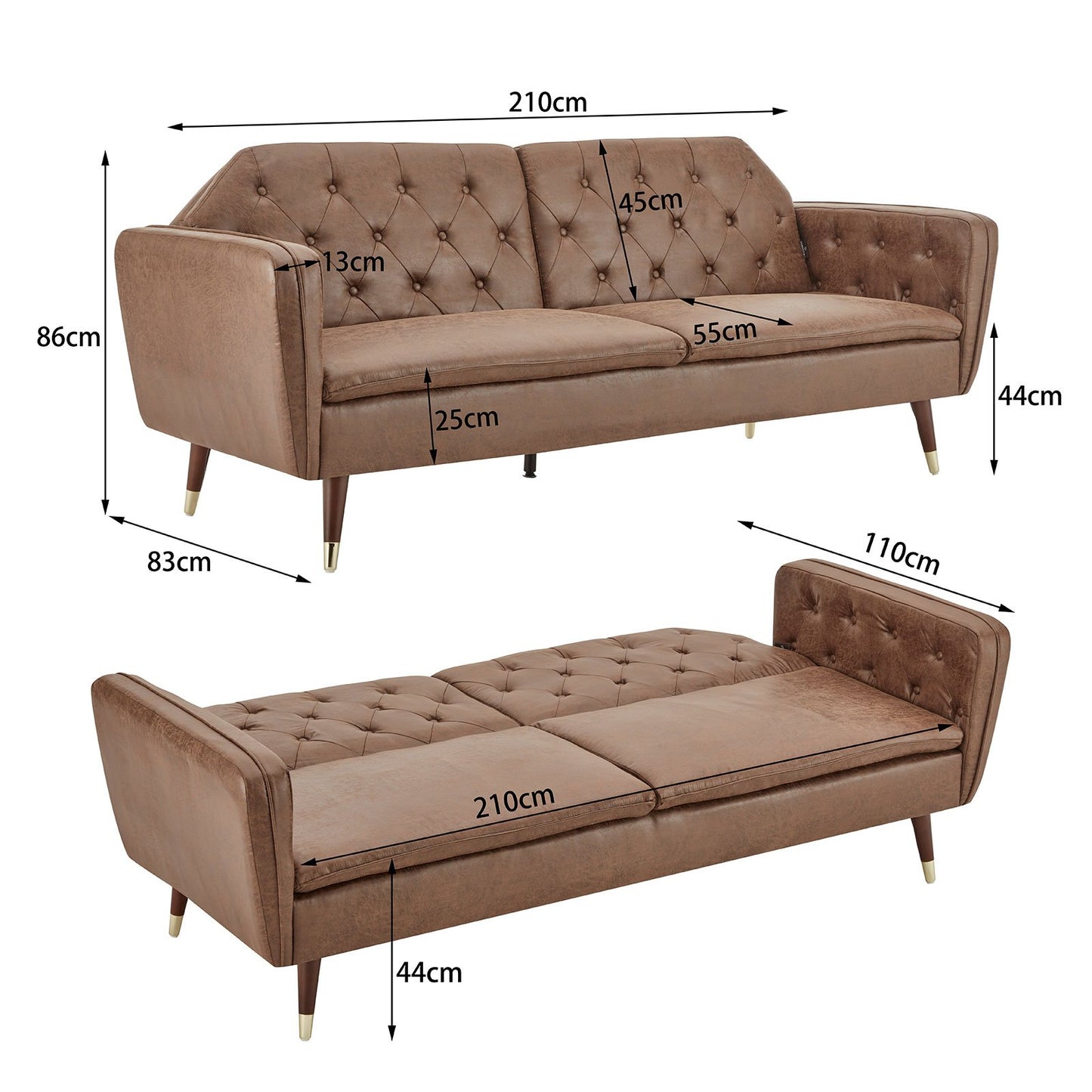 Sarantino Faux Velvet Tufted Sofa Bed Couch Futon - Brown