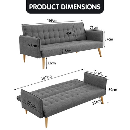 Sofá cama modular de 3 plazas en tejido de lino con reposabrazos en color gris Sarantino