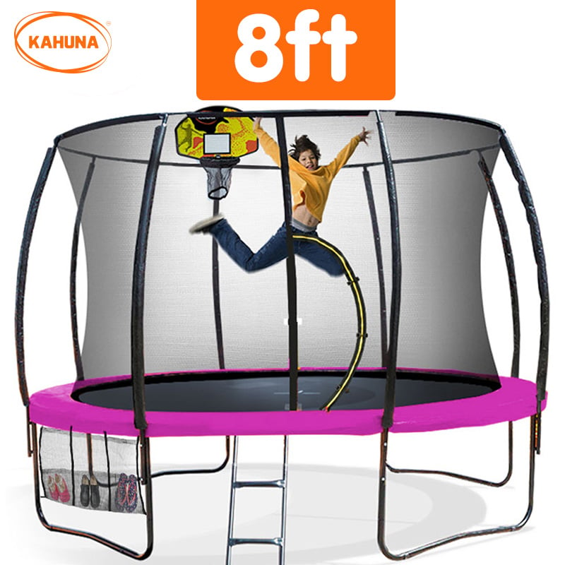 Kahuna 8ft Outdoor Trampoline Kids Children With Safety Enclosure Mat Pad Net Ladder Basketball Hoop Set - Pink