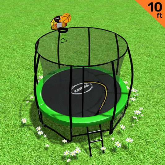 Kahuna 10ft Outdoor Trampoline With Safety Enclosure Pad Ladder Basketball Hoop Set Green
