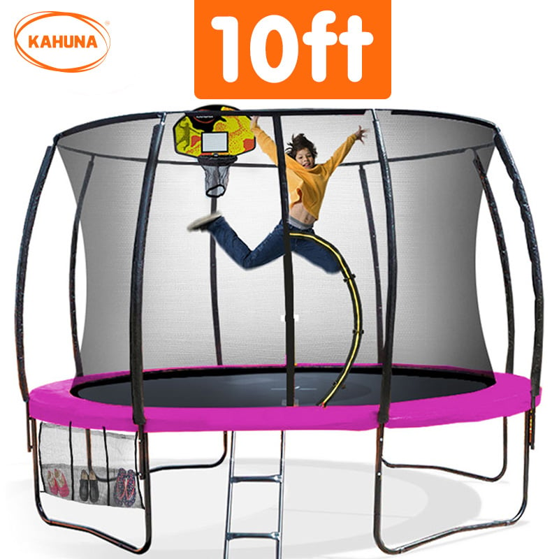 Kahuna 10ft Outdoor Trampoline With Safety Enclosure Pad Ladder Basketball Hoop Set Pink