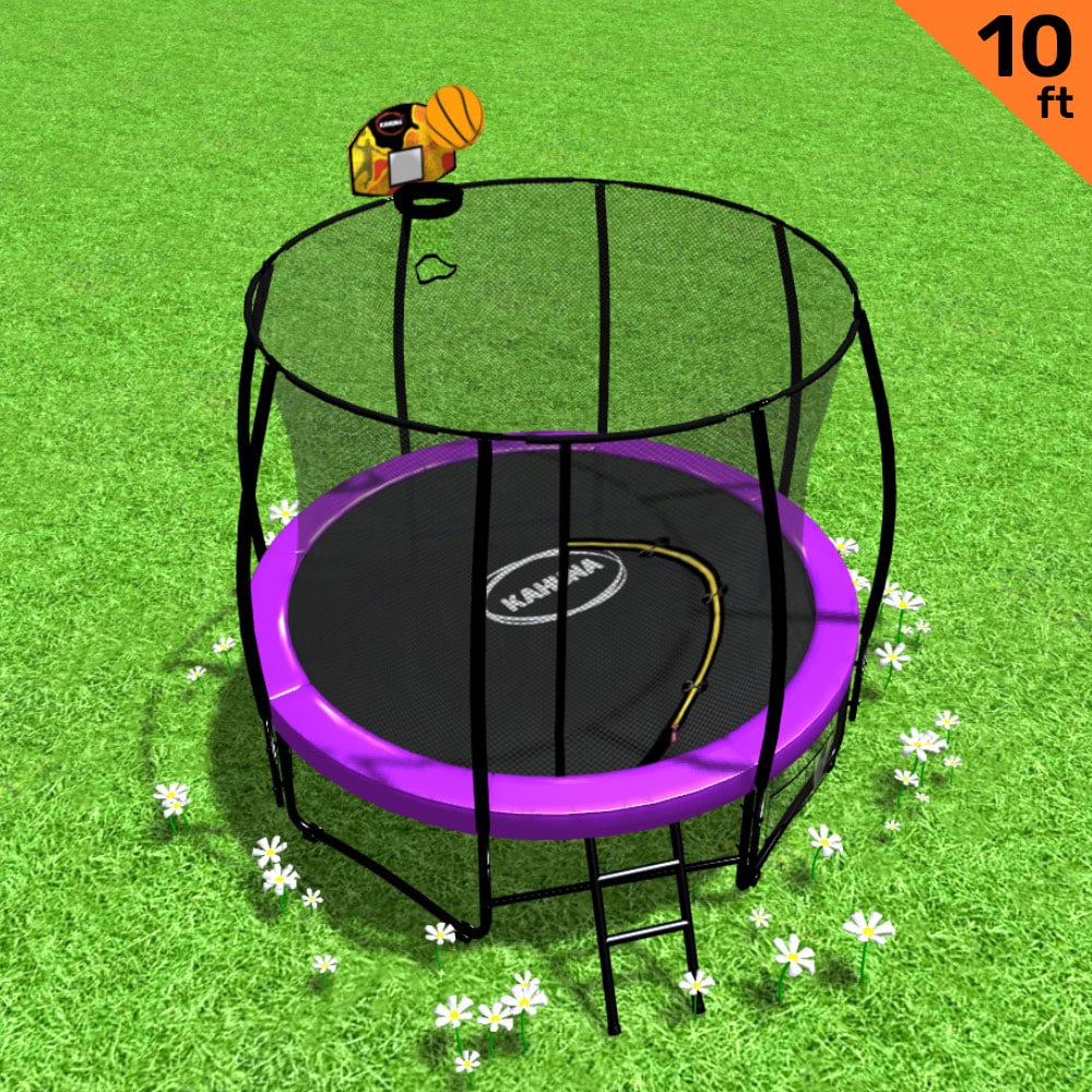 Kahuna 10ft Outdoor Trampoline With Safety Enclosure Pad Ladder Basketball Hoop Set Purple