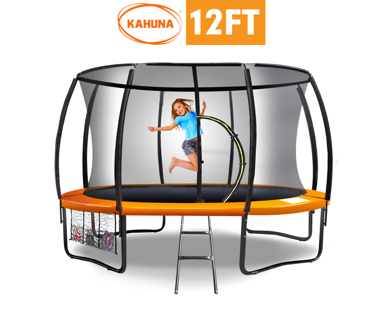 Kahuna 12ft Trampoline Free Ladder Spring Mat Net Safety Pad Cover Round Enclosure - Orange