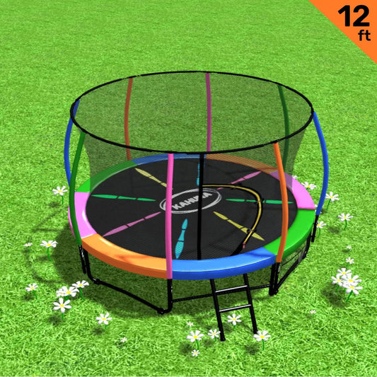 Kahuna 12ft Trampoline Free Ladder Spring Mat Net Safety Pad Cover Round Enclosure - Rainbow