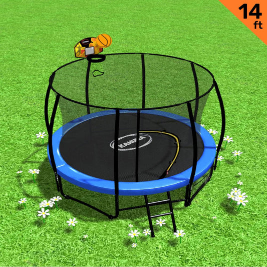 Kahuna 14ft Outdoor Trampoline Kids Children With Safety Enclosure Pad Mat Ladder Basketball Hoop Set - Blue