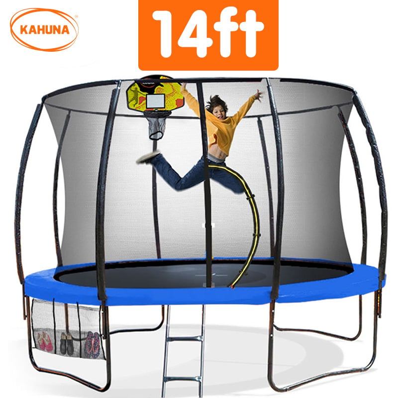 Kahuna 14ft Outdoor Trampoline Kids Children With Safety Enclosure Pad Mat Ladder Basketball Hoop Set - Blue