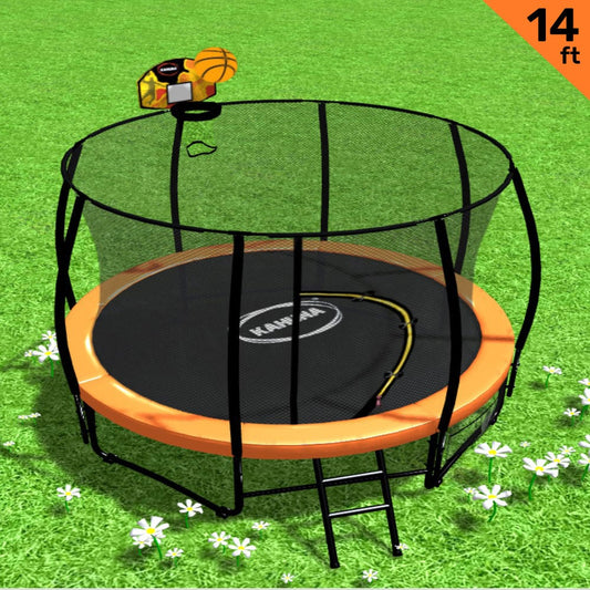 Kahuna 14ft Outdoor Trampoline Kids Children With Safety Enclosure Pad Mat Ladder Basketball Hoop Set - Orange