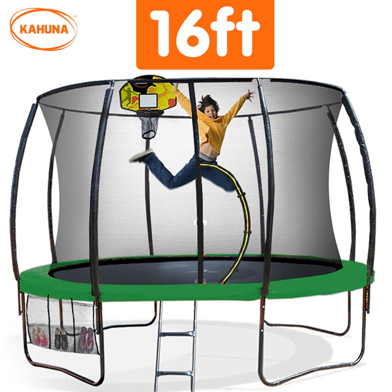 Kahuna 16ft Outdoor Trampoline Kids Children With Safety Enclosure Pad Mat Ladder Basketball Hoop Set - Green