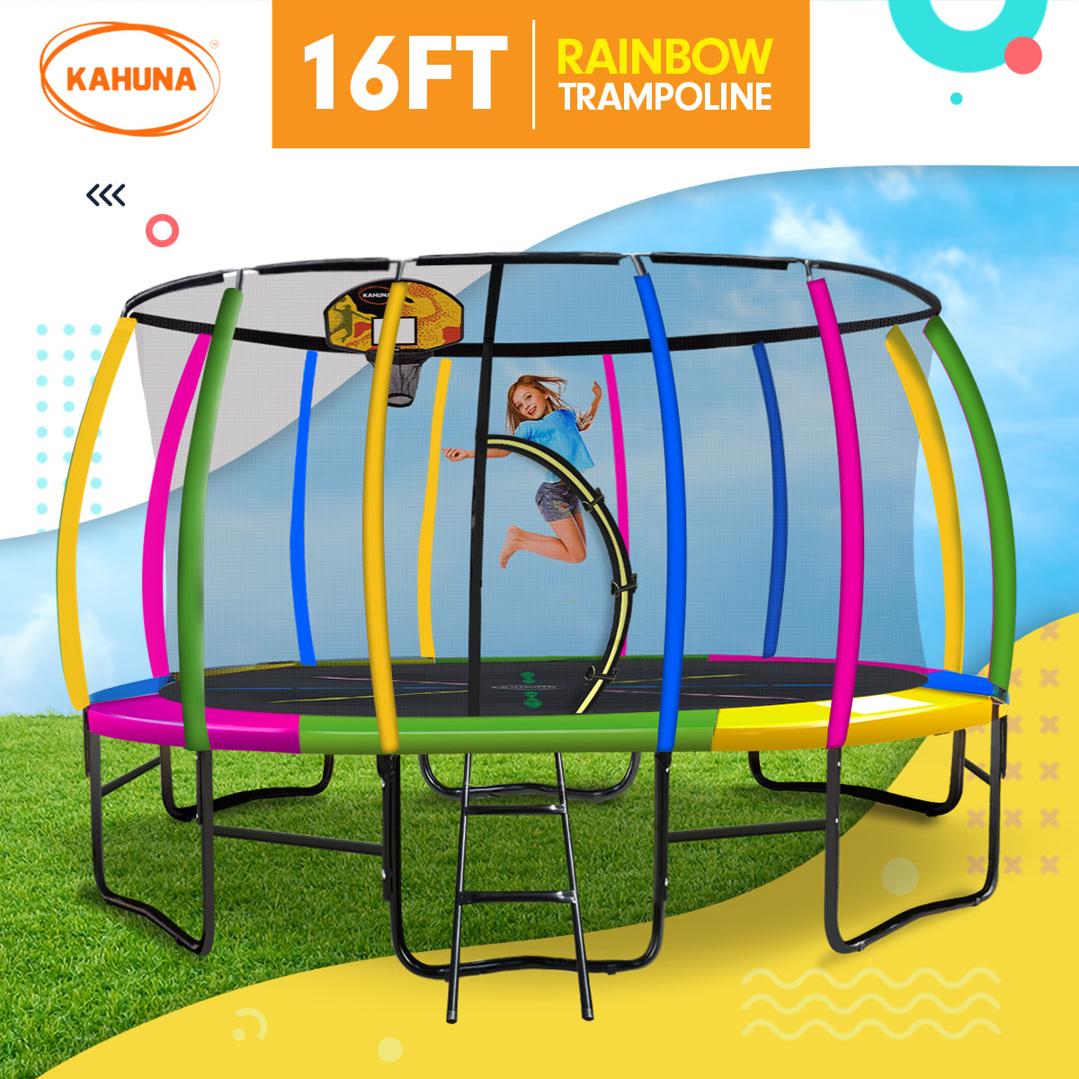 Kahuna 16ft Outdoor Trampoline Kids Children With Safety Enclosure Pad Mat Ladder Basketball Hoop Set - Rainbow