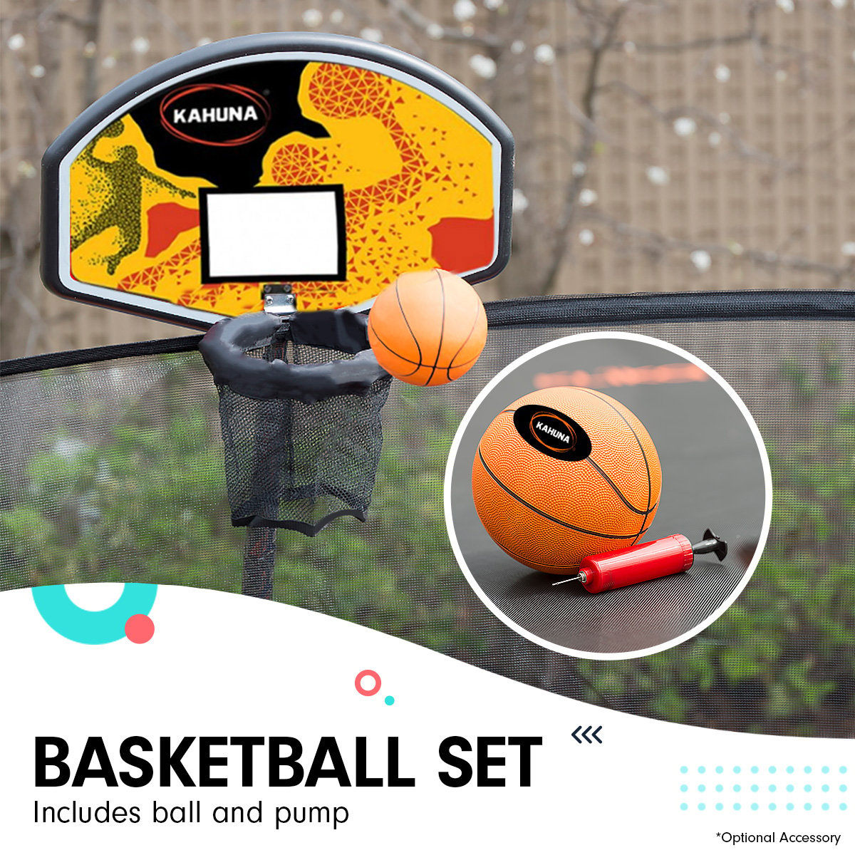 Kahuna 8ft Twister Springless Trampoline Round Free Safety Net Pad Mat with Basket Ball Set Orange