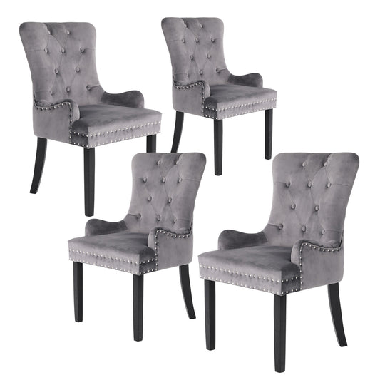 4X French Provincial Dining Chair Ring Studded Velvet Rubberwood Leg LISSE GREY