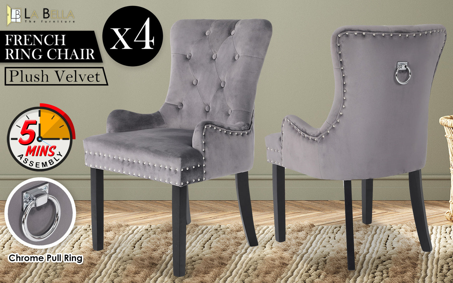 4X French Provincial Dining Chair Ring Studded Velvet Rubberwood Leg LISSE GREY