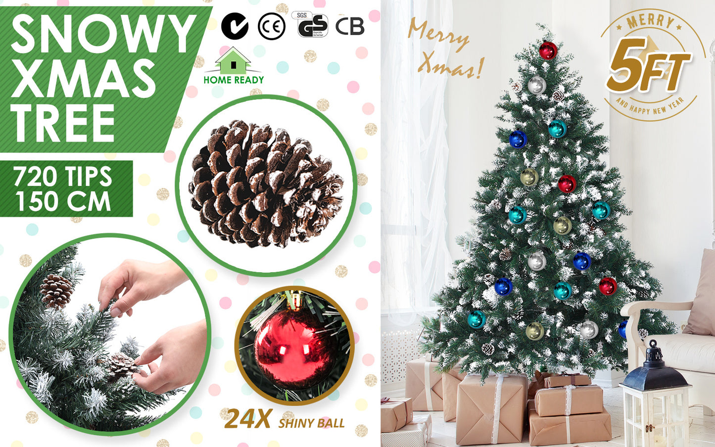 Snowy Christmas Tree Xmas Pine Cones 5Ft 150cm 720 tips + Bauble Balls