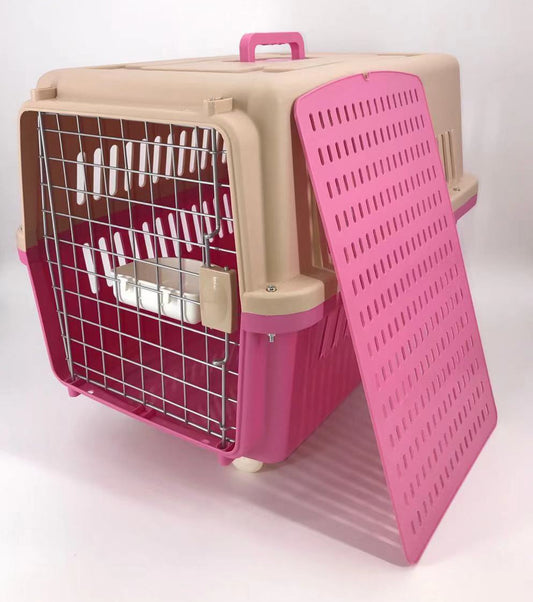 Pink Large Dog Puppy Cat Crate Pet Carrier Cage W Tray, Bowl & Removable Wheels