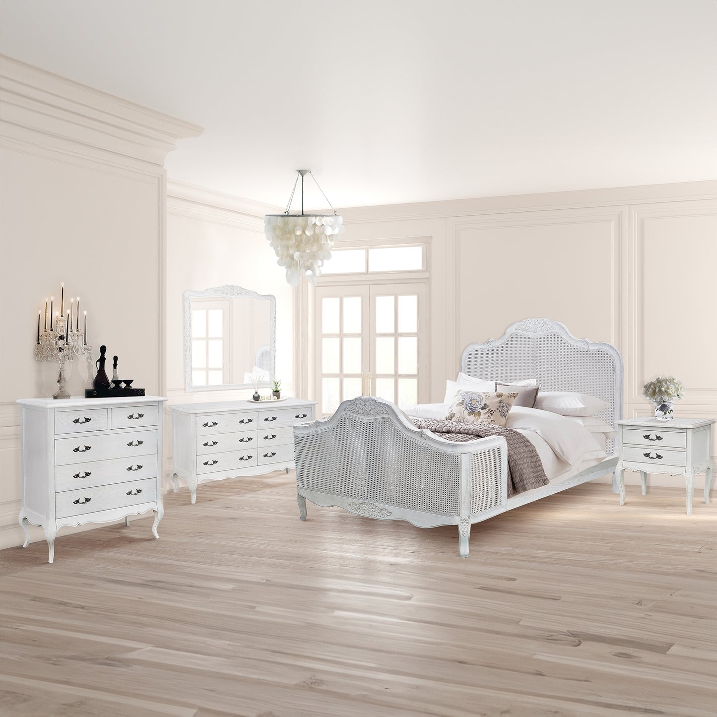 Alice 5pc King Bed Suite Bedside Dresser Bedroom Rattan Furniture Package White