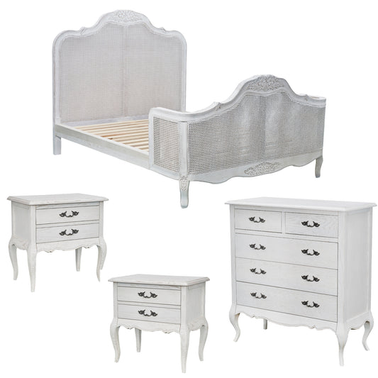 Alice 4pc Queen Bed Suite Bedside Tallboy Bedroom Rattan Furniture Package White